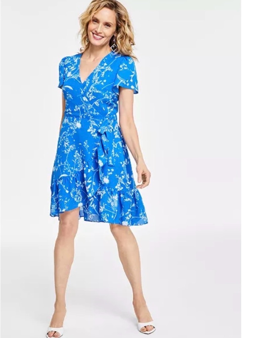INC International Concepts Bright Blue Floral V-Neck Tie-Waist Mini Dress